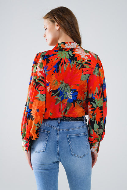 Floral Balloon Sleeves Chiffon Shirt in Black