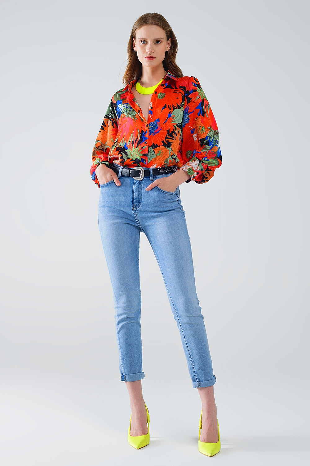 Floral Balloon Sleeves Chiffon Shirt in Black