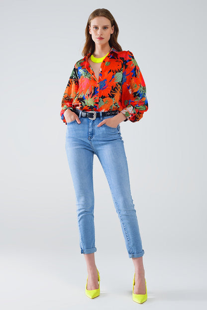 Floral Balloon Sleeves Chiffon Shirt in Black