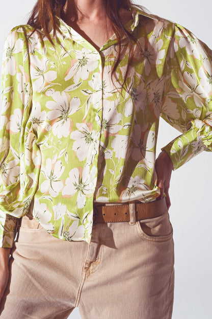 Floral Print Chiffon Shirt in Green