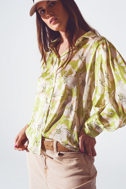 Floral Print Chiffon Shirt in Green
