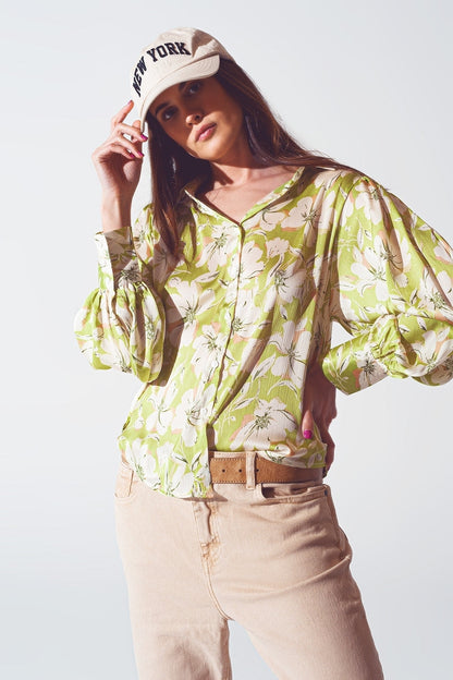 Floral Print Chiffon Shirt in Green