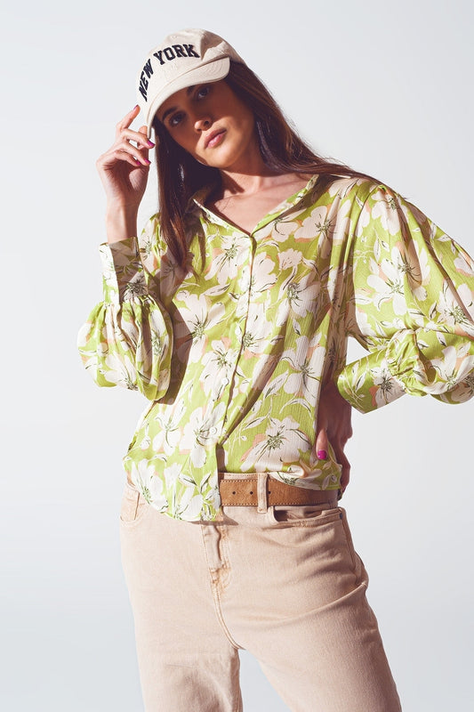 Floral Print Chiffon Shirt in Green