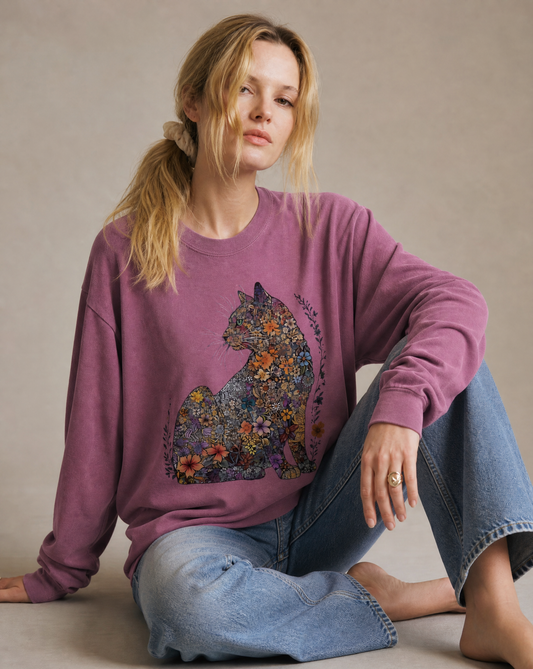 Floral Cat - Comfort Colors Long Sleeve Premium T Shirt