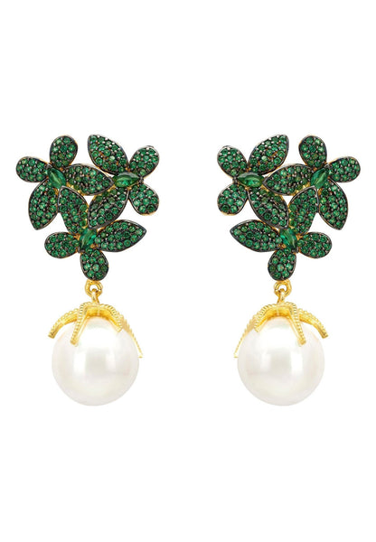 Flowers Pearl Earrings Emerald Green Gold