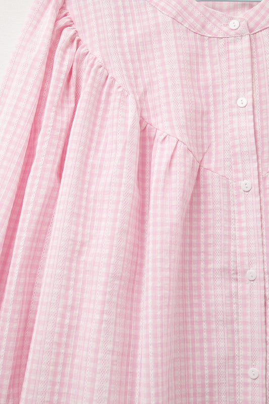 Gingham Pale Pink Collarless Blouse With Wide Sleeves