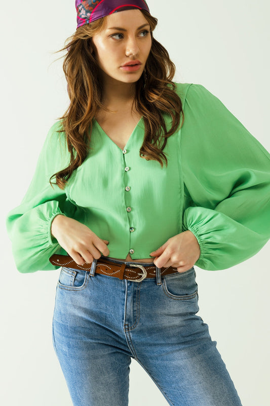 Green Blouse With Balloon Sleeves and Frontal Closure With Buttons