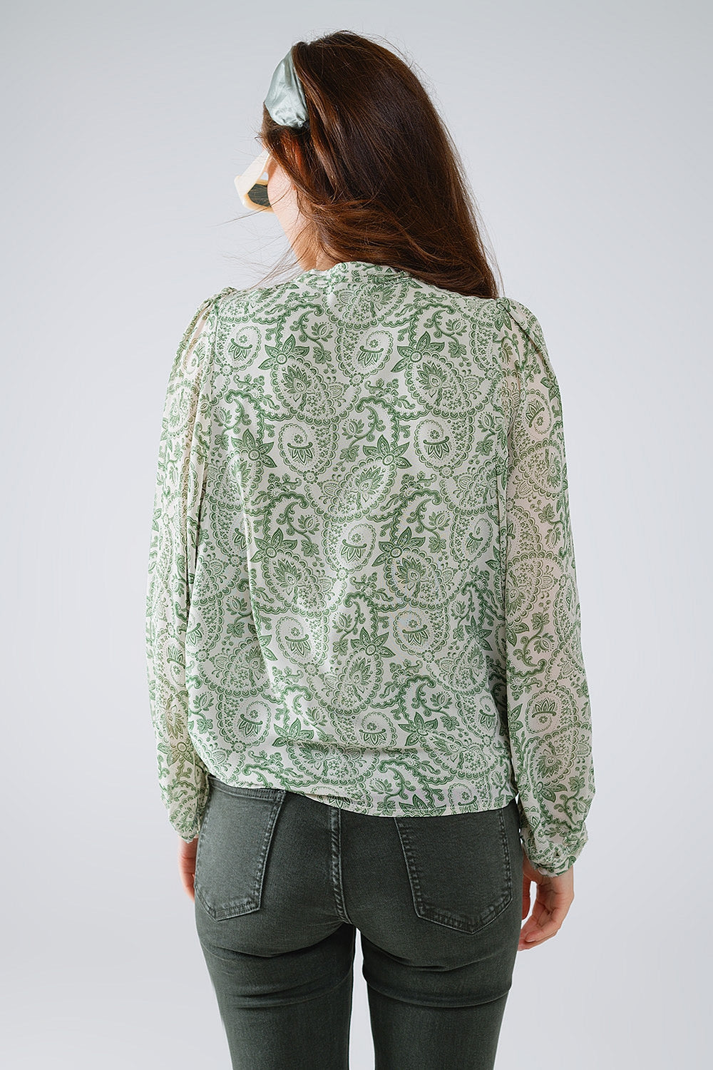 Green Chiffon Blouse With Floral Print and Long Balloon Sleeves
