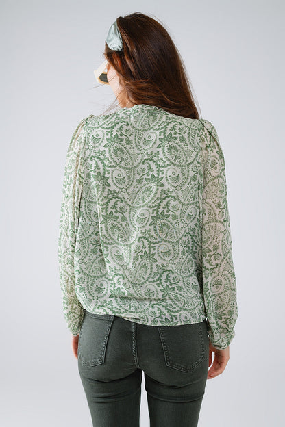 Green Chiffon Blouse With Floral Print and Long Balloon Sleeves