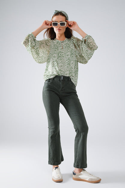 Green Chiffon Blouse With Floral Print and Long Balloon Sleeves