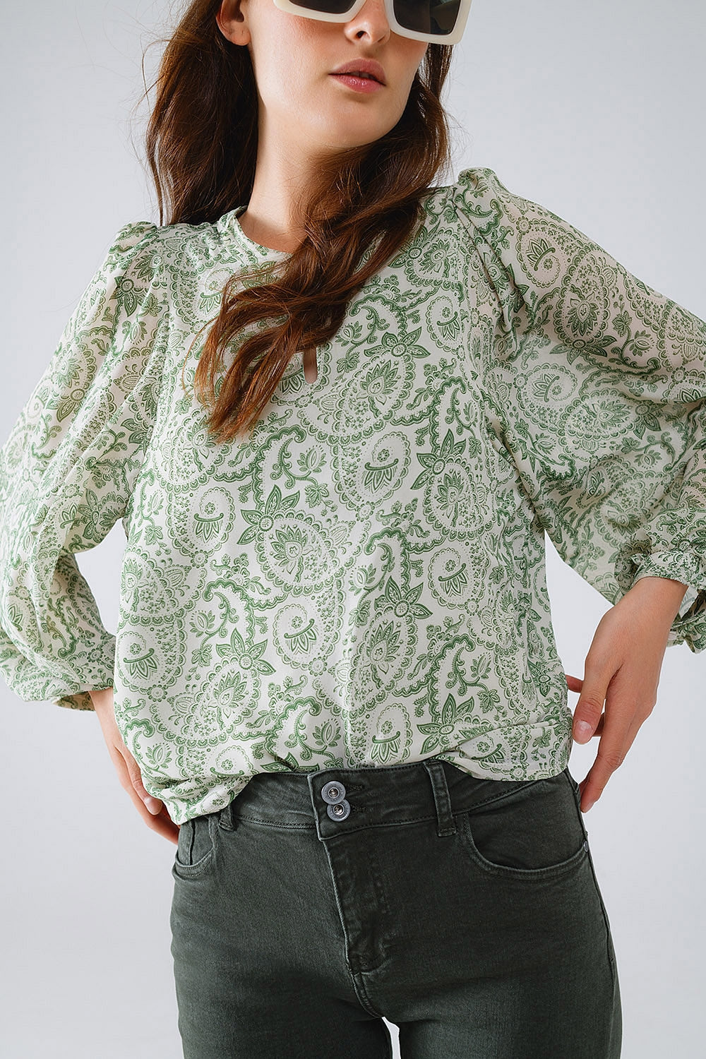 Green Chiffon Blouse With Floral Print and Long Balloon Sleeves