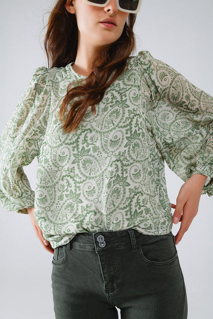Green Chiffon Blouse With Floral Print and Long Balloon Sleeves