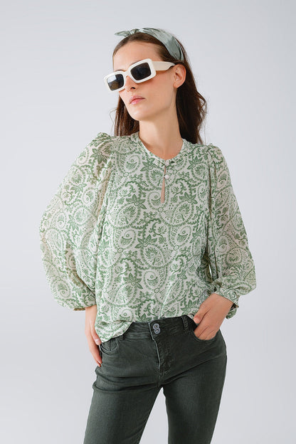 Green Chiffon Blouse With Floral Print and Long Balloon Sleeves