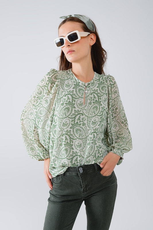 Green Chiffon Blouse With Floral Print and Long Balloon Sleeves