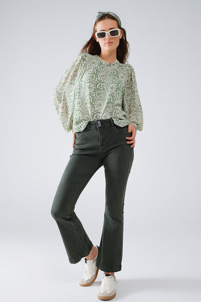Green Chiffon Blouse With Floral Print and Long Balloon Sleeves