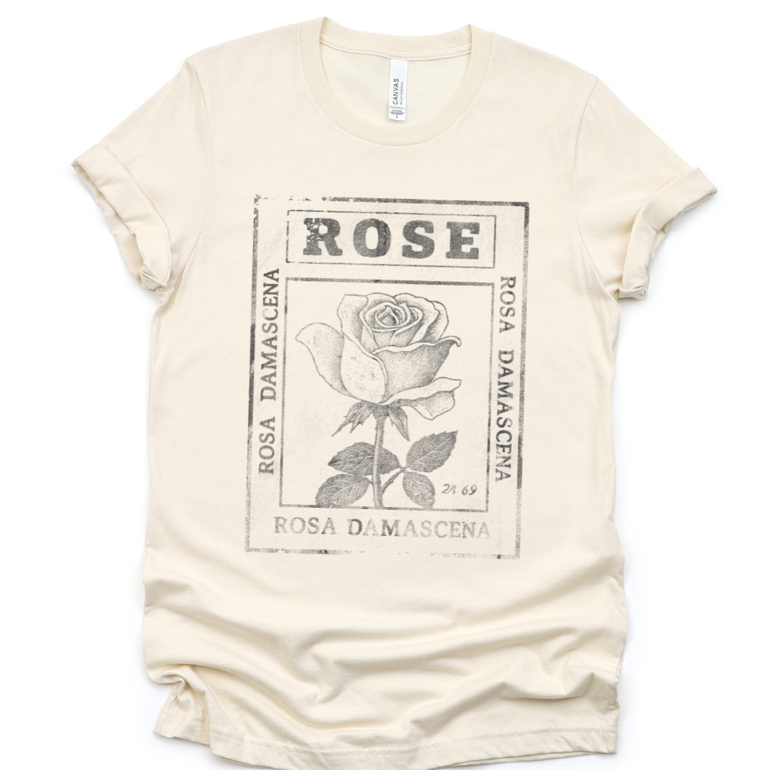 Rosa Damascena, Vintage Faded Print - Bella Canvas Super Soft T Shirt