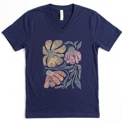 Faded Funky Floral Print - Short Sleeve V-Neck Tee