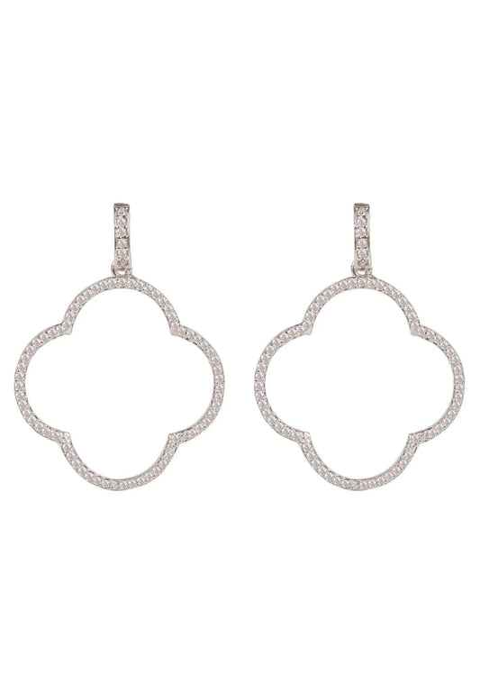 Open Clover Large Drop Earrings White Cz Silver