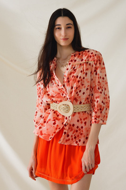 Orange Shirt With Abstract Print and 3/4 Length Sleeves