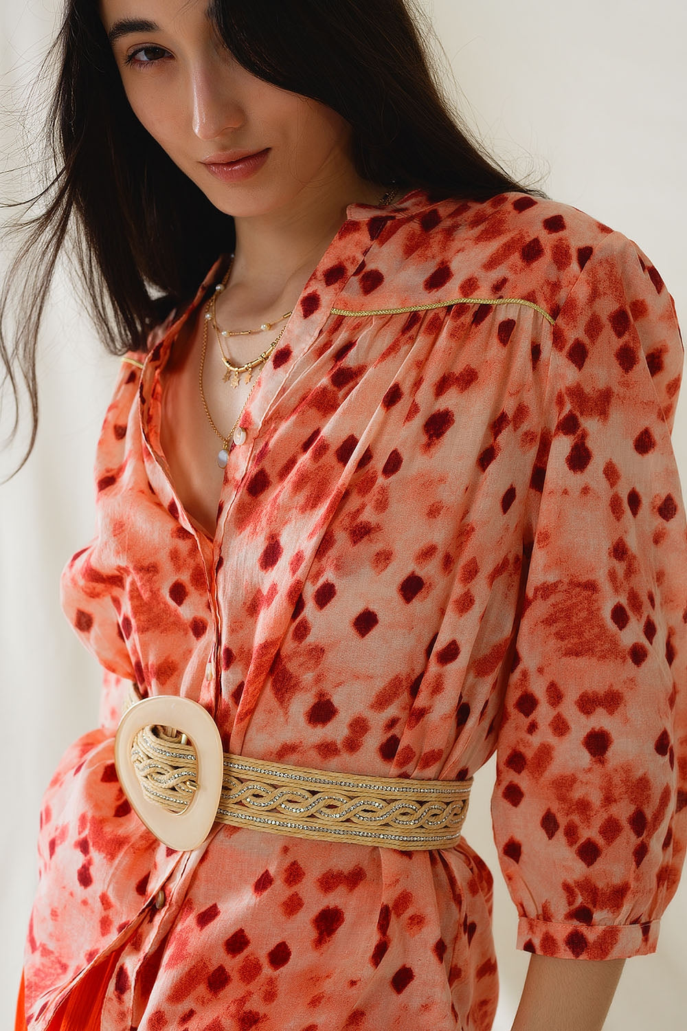 Orange Shirt With Abstract Print and 3/4 Length Sleeves
