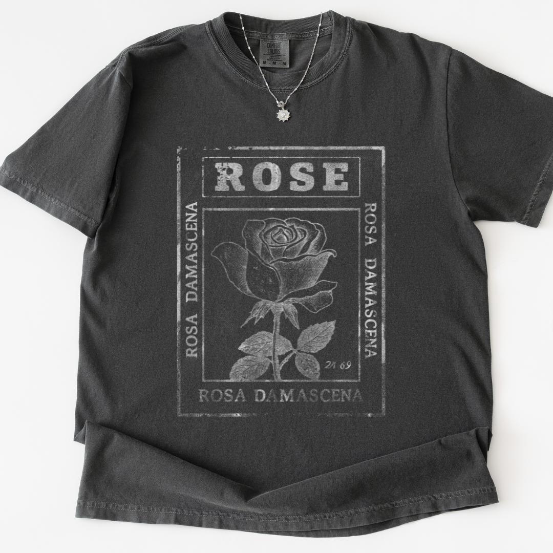 Rosa Damascena, Vintage Faded Print -  Relaxed Fit Vintage Wash T Shirt