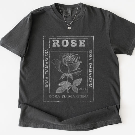 Rosa Damascena, Vintage Faded Print -  Relaxed Fit Vintage Wash T Shirt