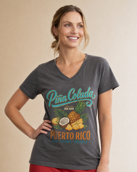 Pina Colada Vintage Print Tee - Short Sleeve V Neck