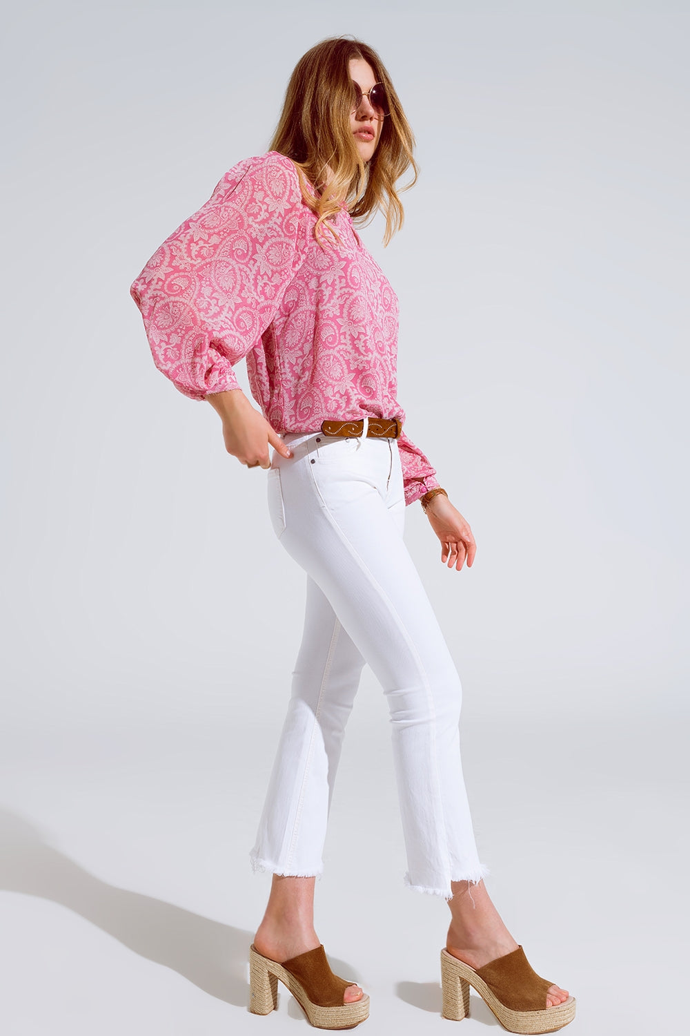 Pink Chiffon Blouse With Floral Print and Long Balloon Sleeves