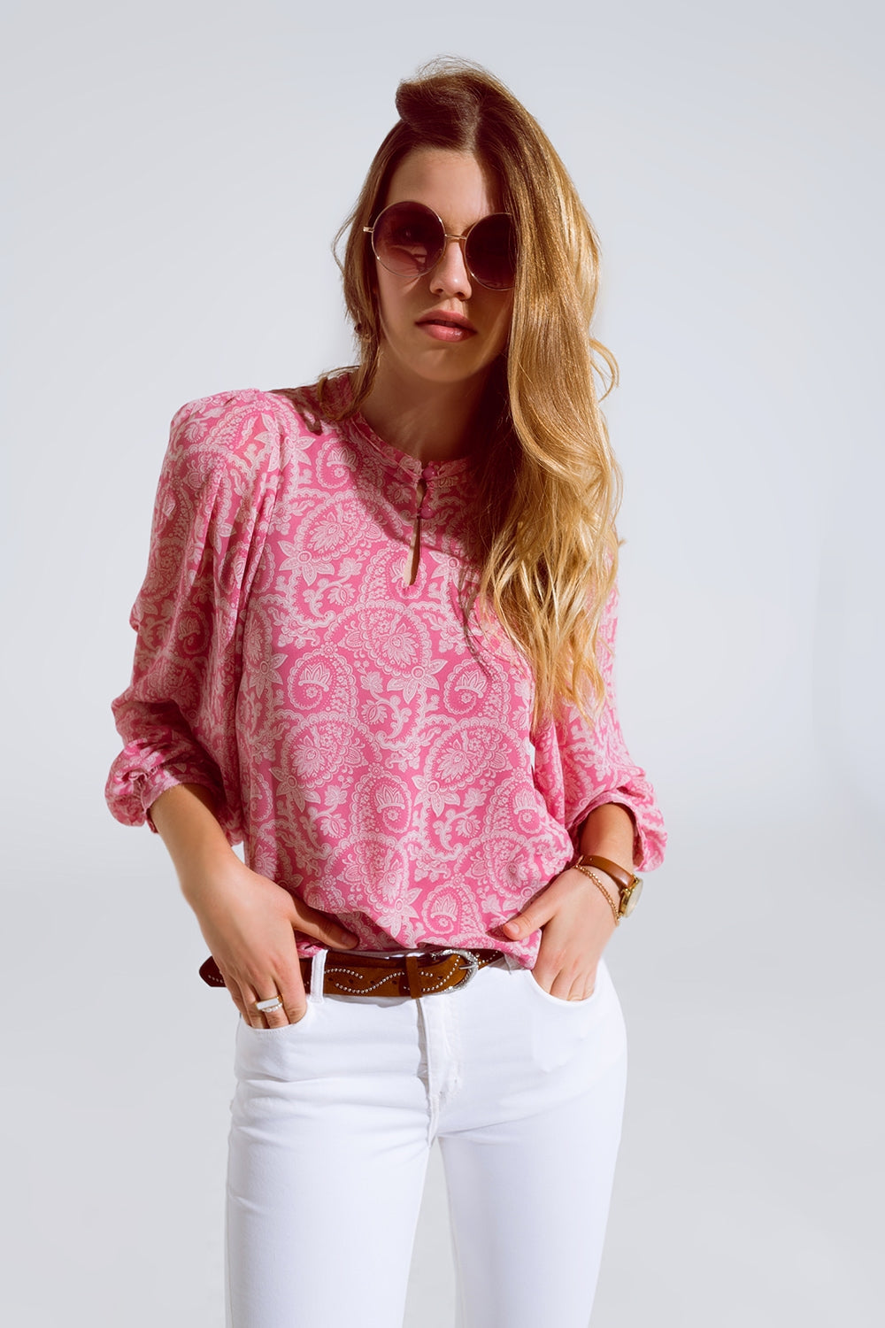 Pink Chiffon Blouse With Floral Print and Long Balloon Sleeves