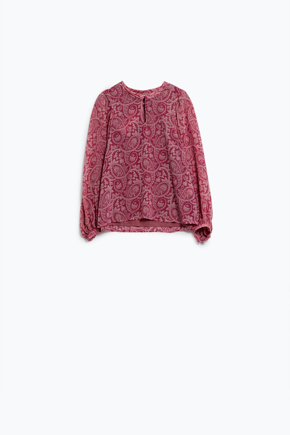 Pink Chiffon Blouse With Floral Print and Long Balloon Sleeves