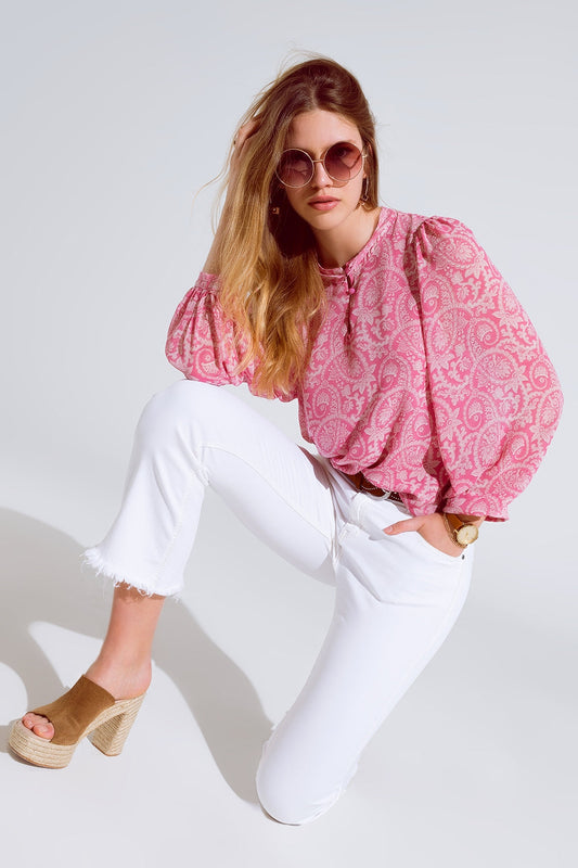 Pink Chiffon Blouse With Floral Print and Long Balloon Sleeves