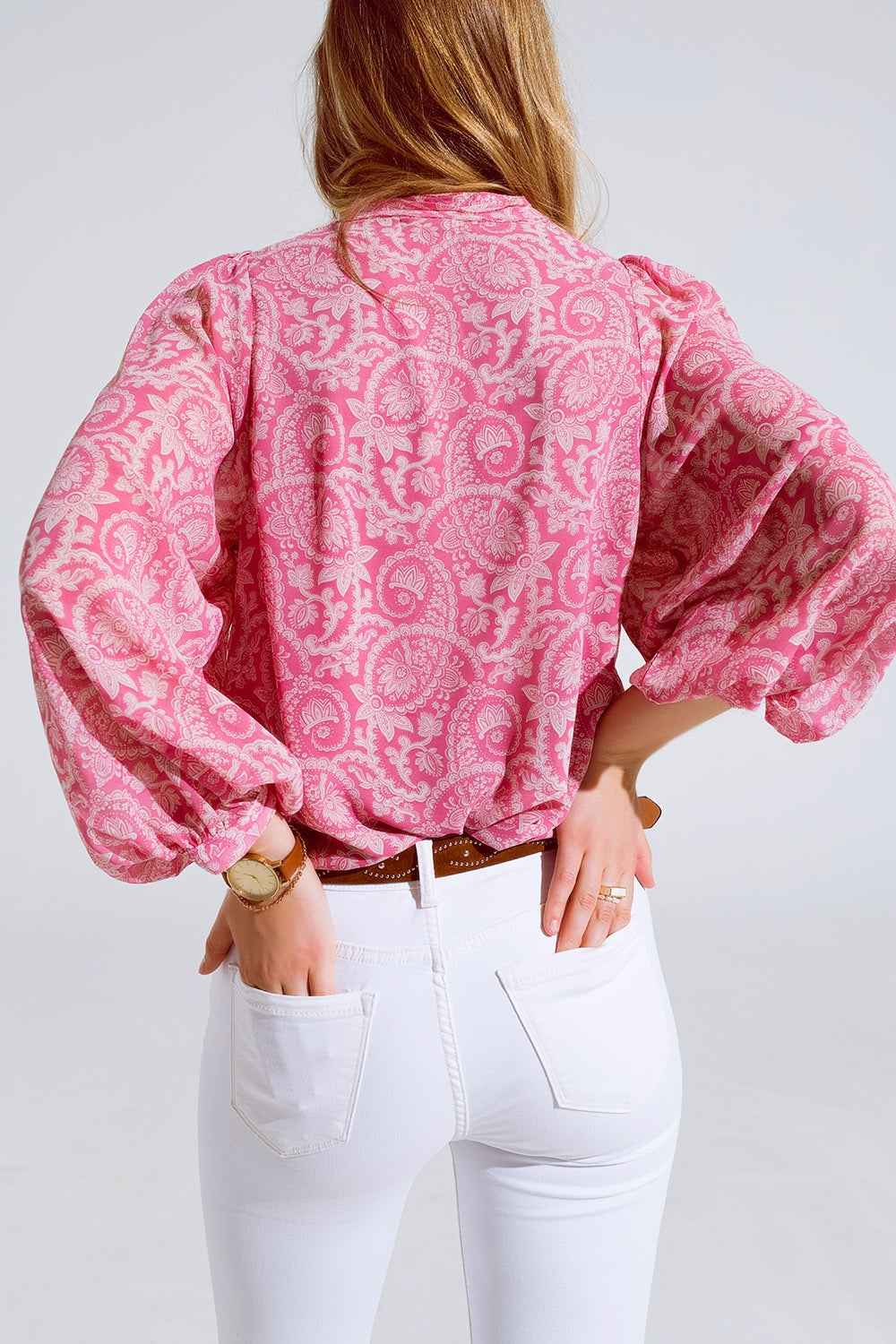 Pink Chiffon Blouse With Floral Print and Long Balloon Sleeves