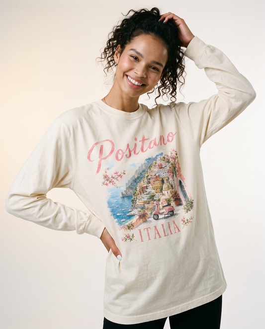 Vintage Positano Painting - Comfort Colors Long Sleeve Premium T Shirt