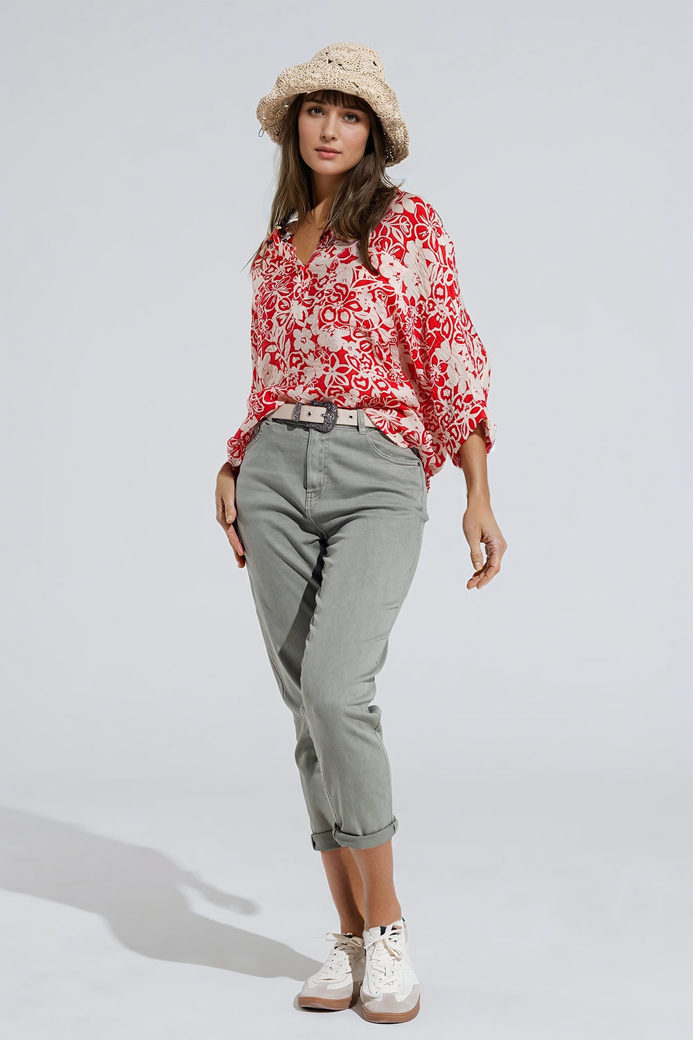 Relaxed Red Floral Print Blouse With Bell Sleeves