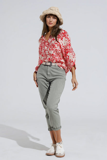 Relaxed Red Floral Print Blouse With Bell Sleeves