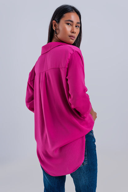 Relaxed Satin Long Sleeve Shirt in Fuchsia