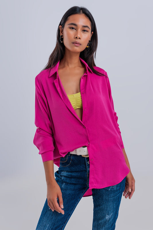 Relaxed Satin Long Sleeve Shirt in Fuchsia