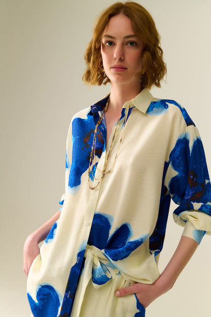Relaxed Shirt in White With Blue Tropical Flower Print