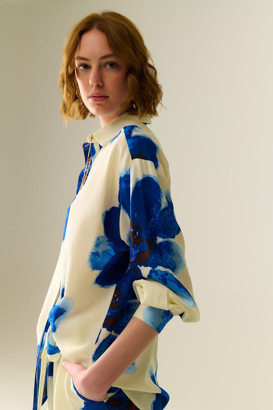 Relaxed Shirt in White With Blue Tropical Flower Print