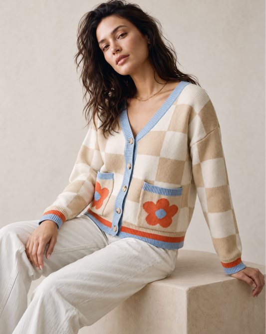 Retro Flower Checkered Cardigan