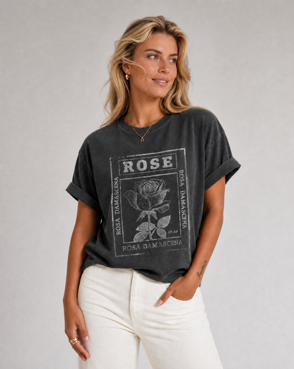 Rosa Damascena, Vintage Faded Print -  Relaxed Fit Vintage Wash T Shirt