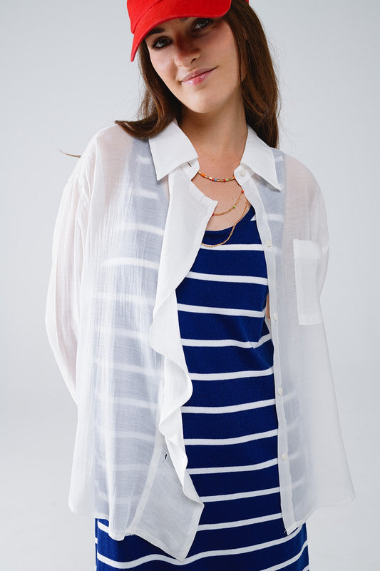 Semi Sheer White Blouse With Ruffle Detail Down the Front