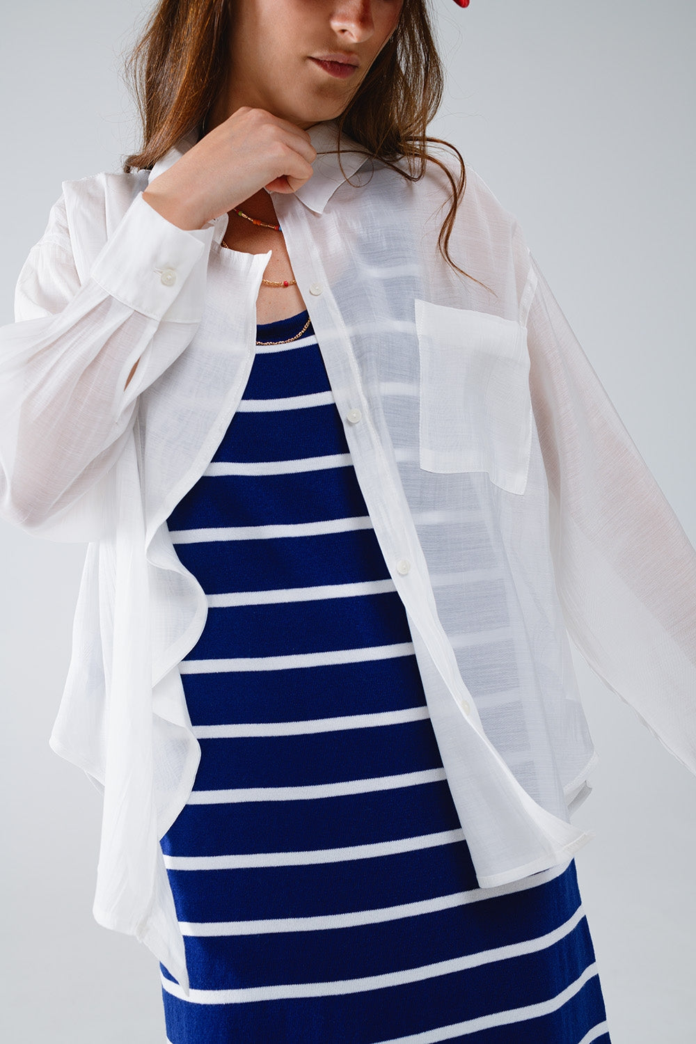 Semi Sheer White Blouse With Ruffle Detail Down the Front