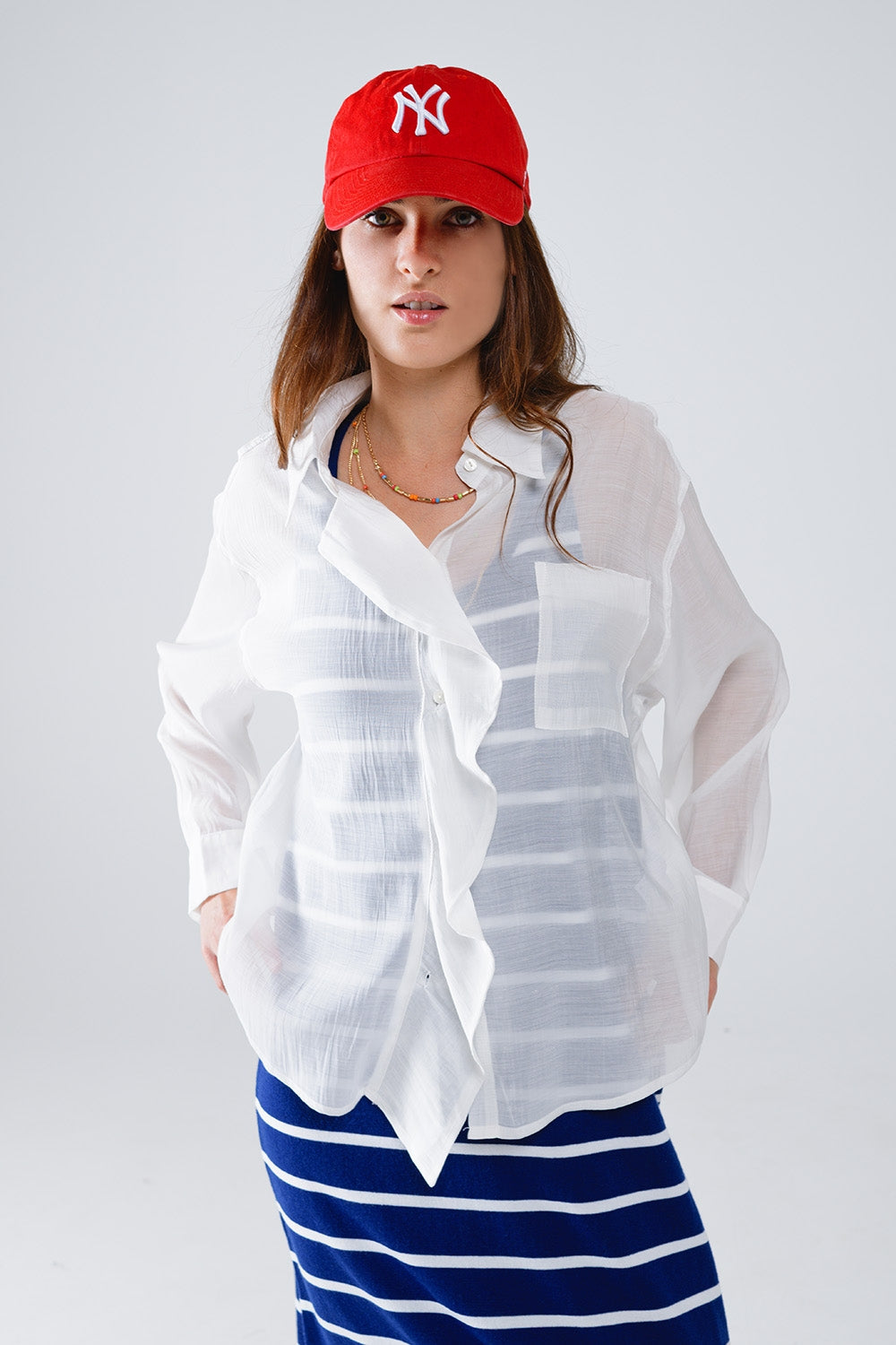 Semi Sheer White Blouse With Ruffle Detail Down the Front