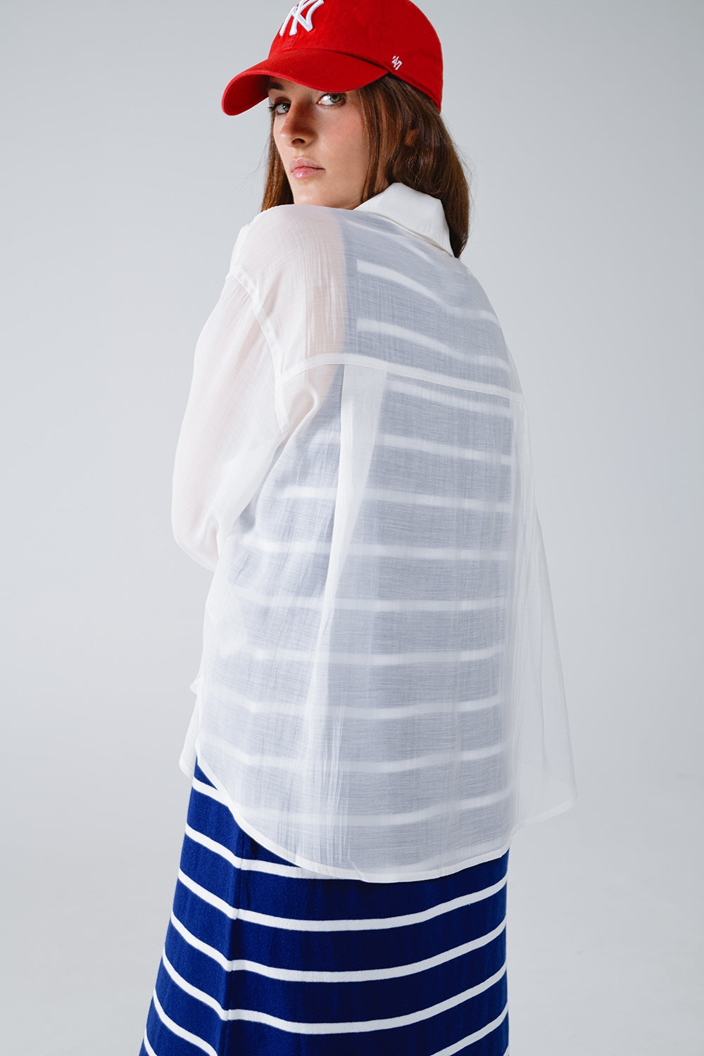 Semi Sheer White Blouse With Ruffle Detail Down the Front