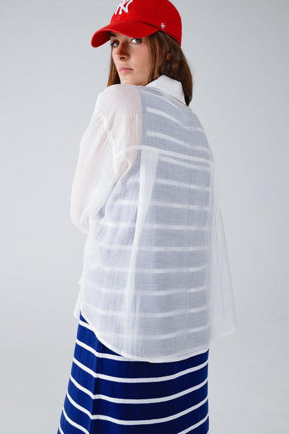 Semi Sheer White Blouse With Ruffle Detail Down the Front