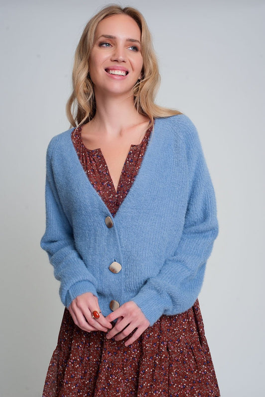 Soft Cardigan With Buttons and Deep v Neck in Blue