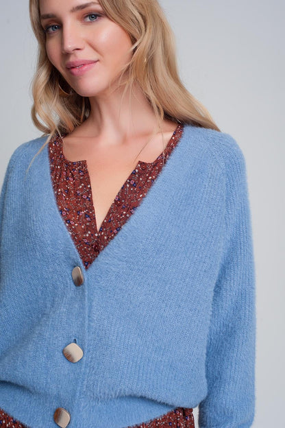Soft Cardigan With Buttons and Deep v Neck in Blue
