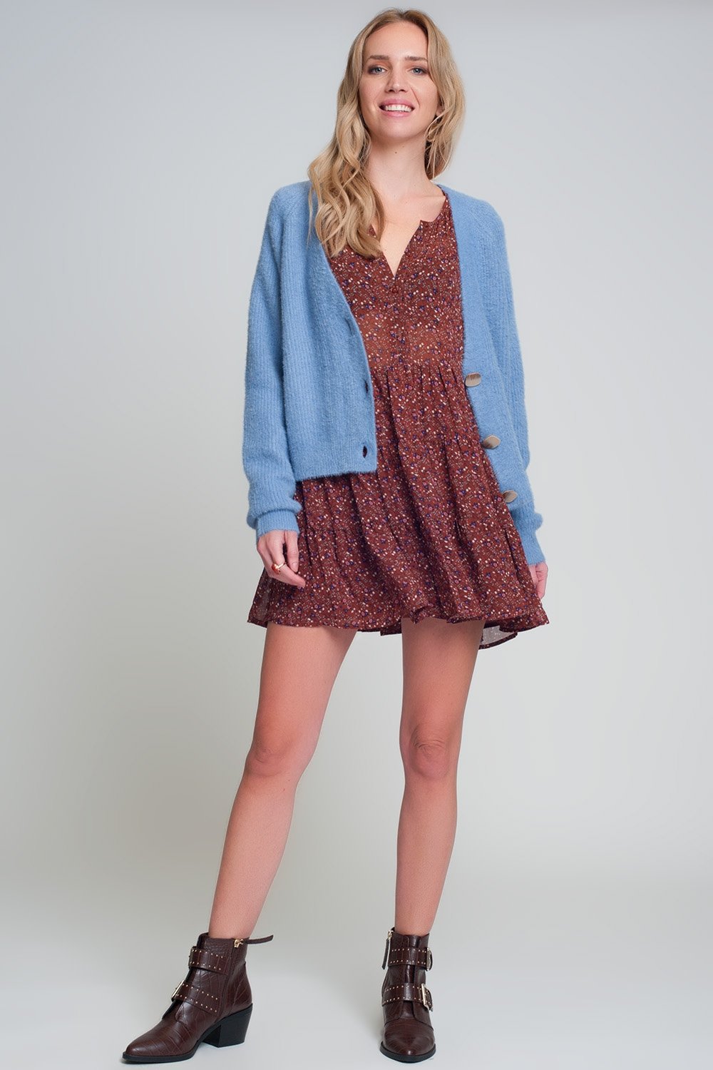 Soft Cardigan With Buttons and Deep v Neck in Blue