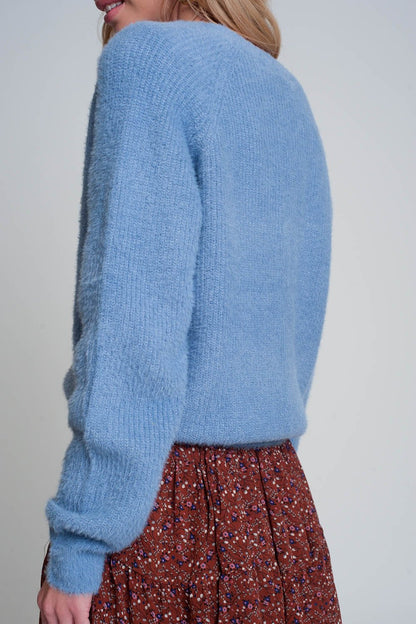 Soft Cardigan With Buttons and Deep v Neck in Blue